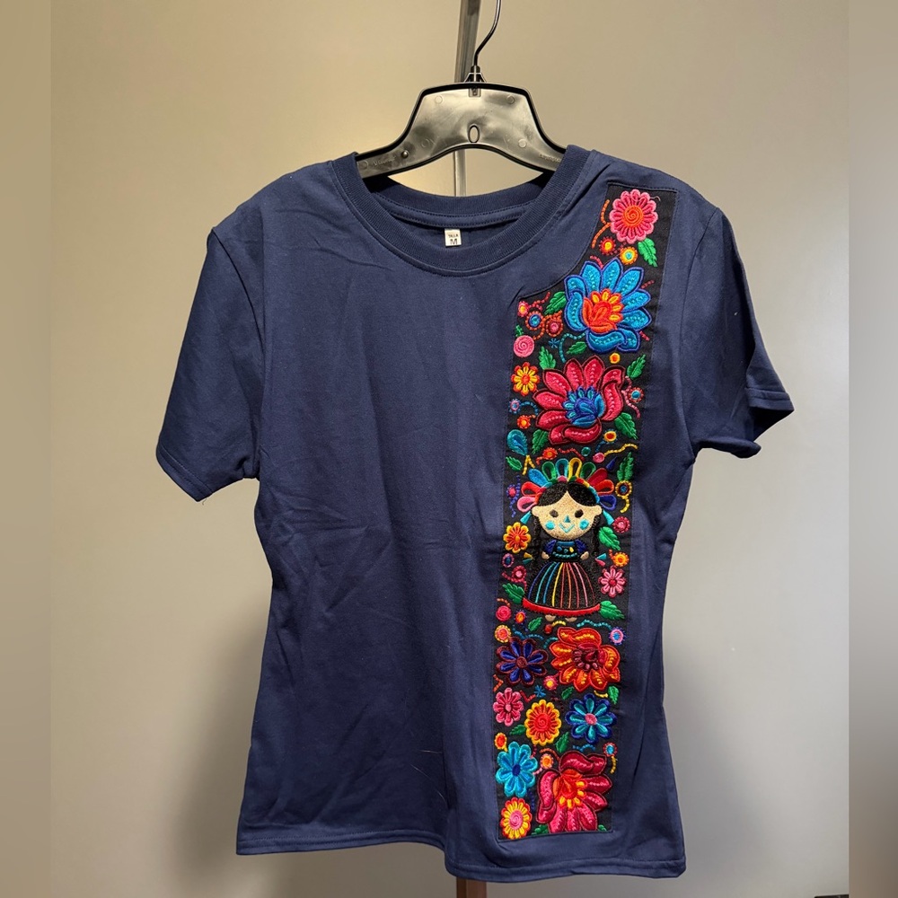 Navy Tee with Colorful Embroidered Floral Doll Panel